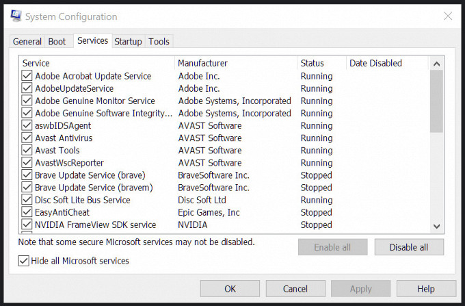 msconfig system configuration hide all microsoft services and disable all